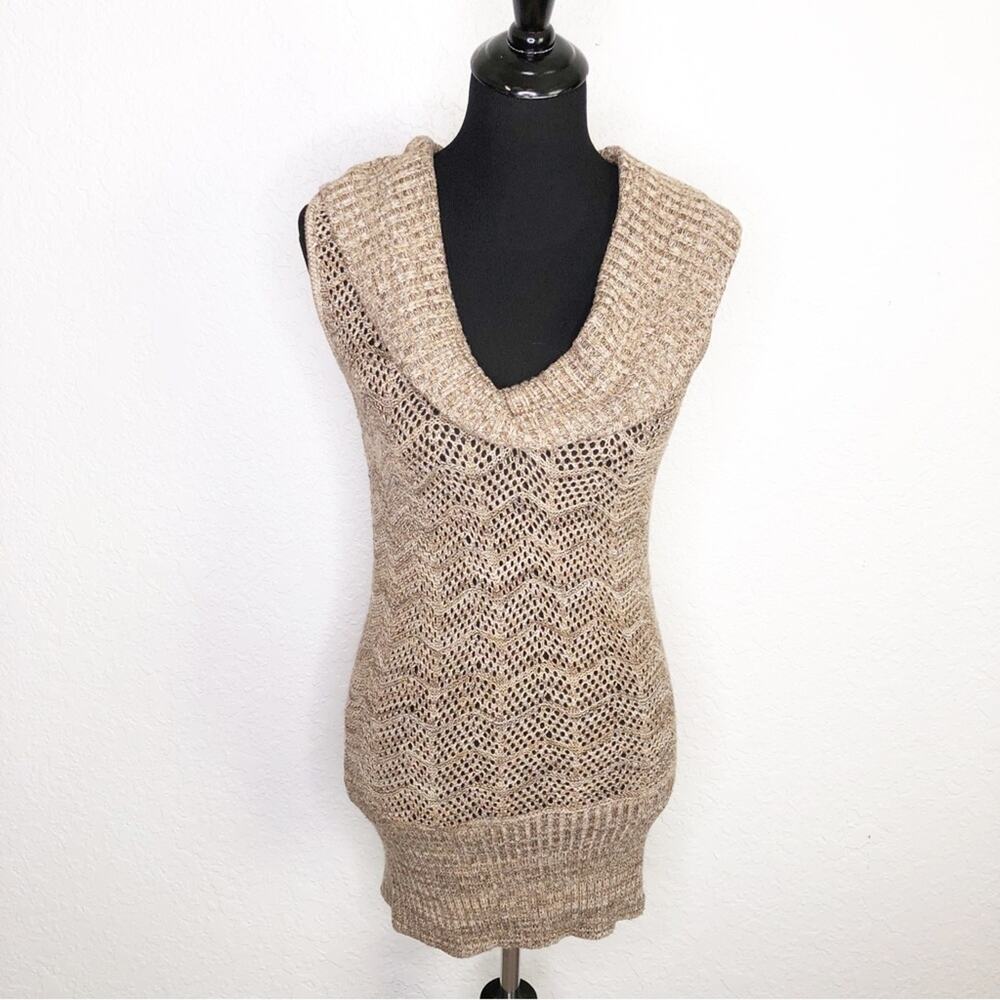 WHBM brown tan open knit cowl neck sleeveless‎ sweater tunic size Medium